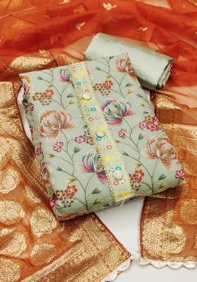 Grey Embroidered Oragnza Dress Material