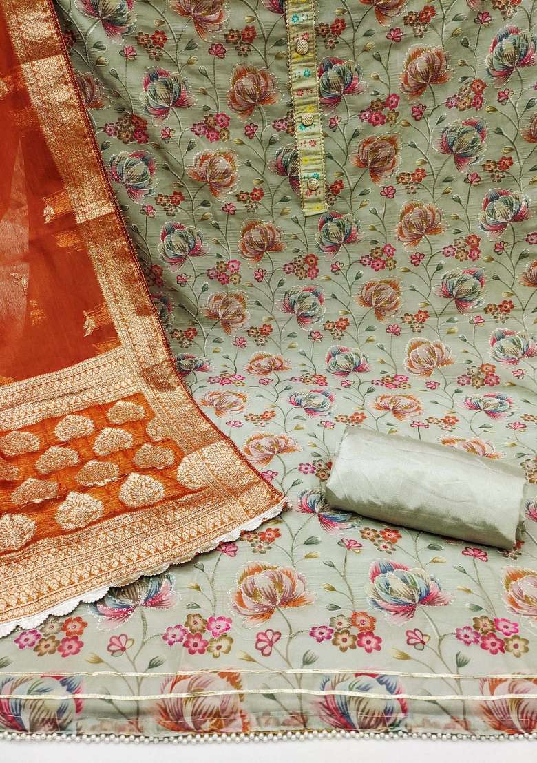 Grey Embroidered Oragnza Dress Material - Indya