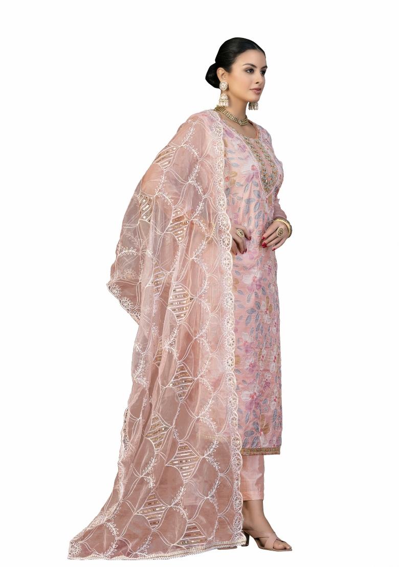 Peach Embroidered Oragnza Dress Material - Indya
