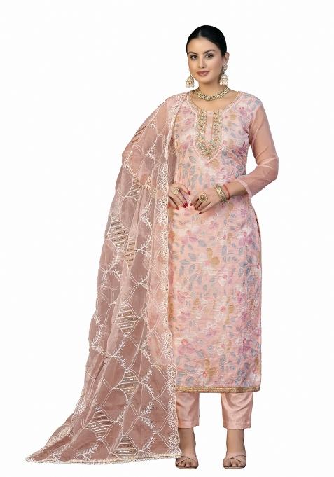 Peach Embroidered Oragnza Dress Material