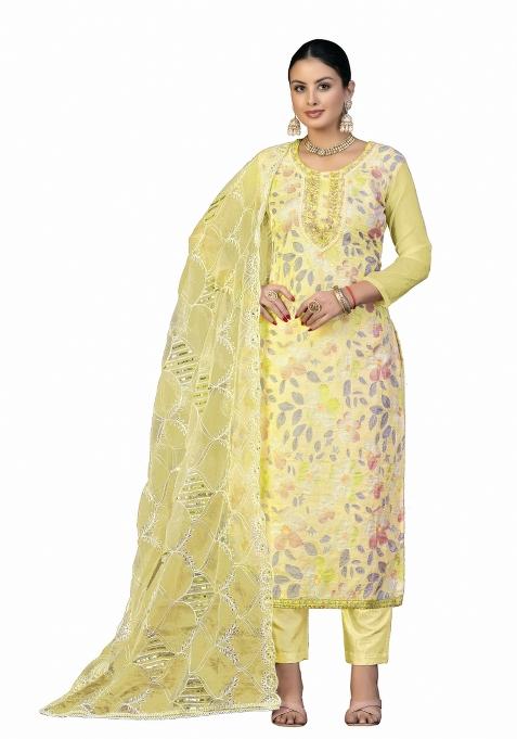 Yellow Embroidered Oragnza Dress Material