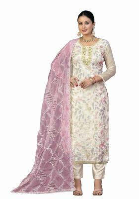 Pink Embroidered Oragnza Dress Material