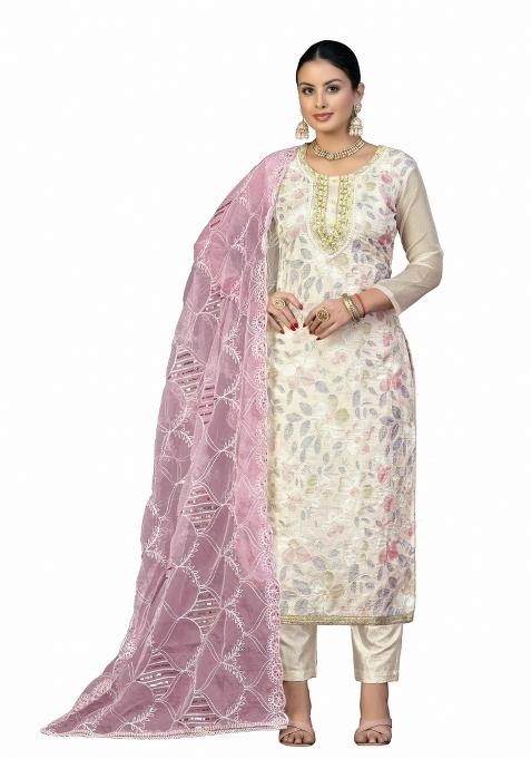 Pink Embroidered Organza Straight Kurta Set