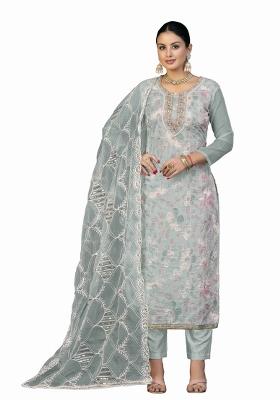 Sea Green Embroidered Oragnza Dress Material