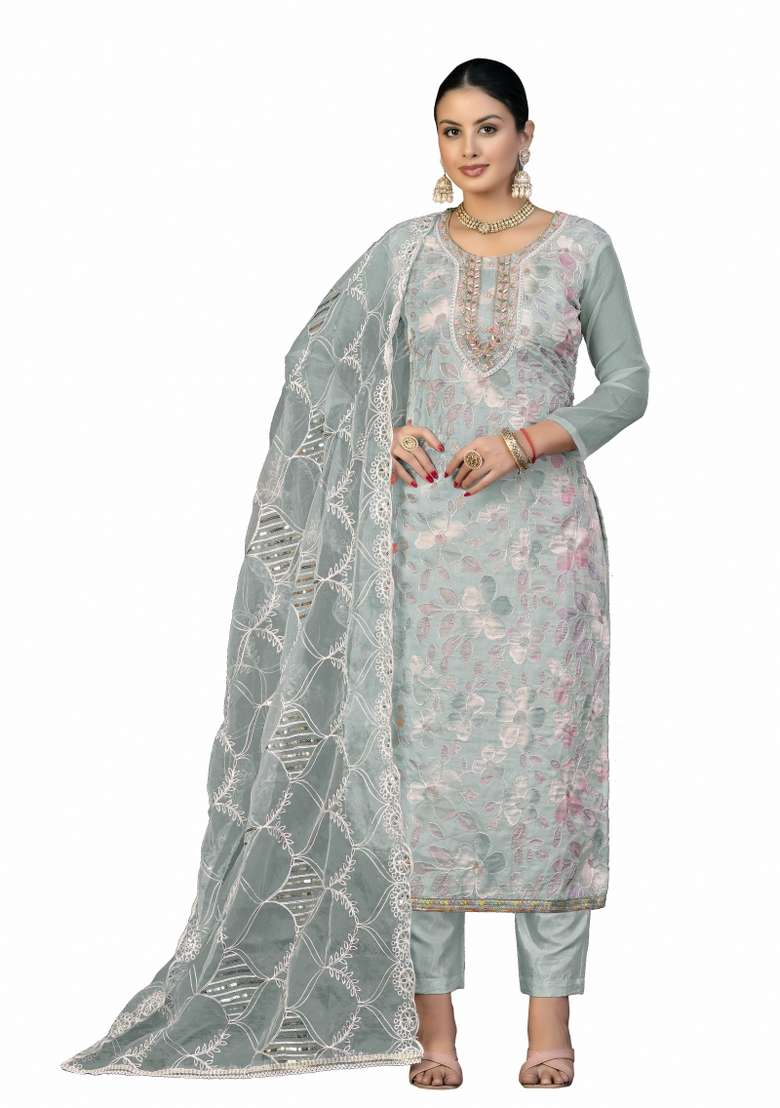 Sea Green Embroidered Organza Straight Kurta Set - Indya