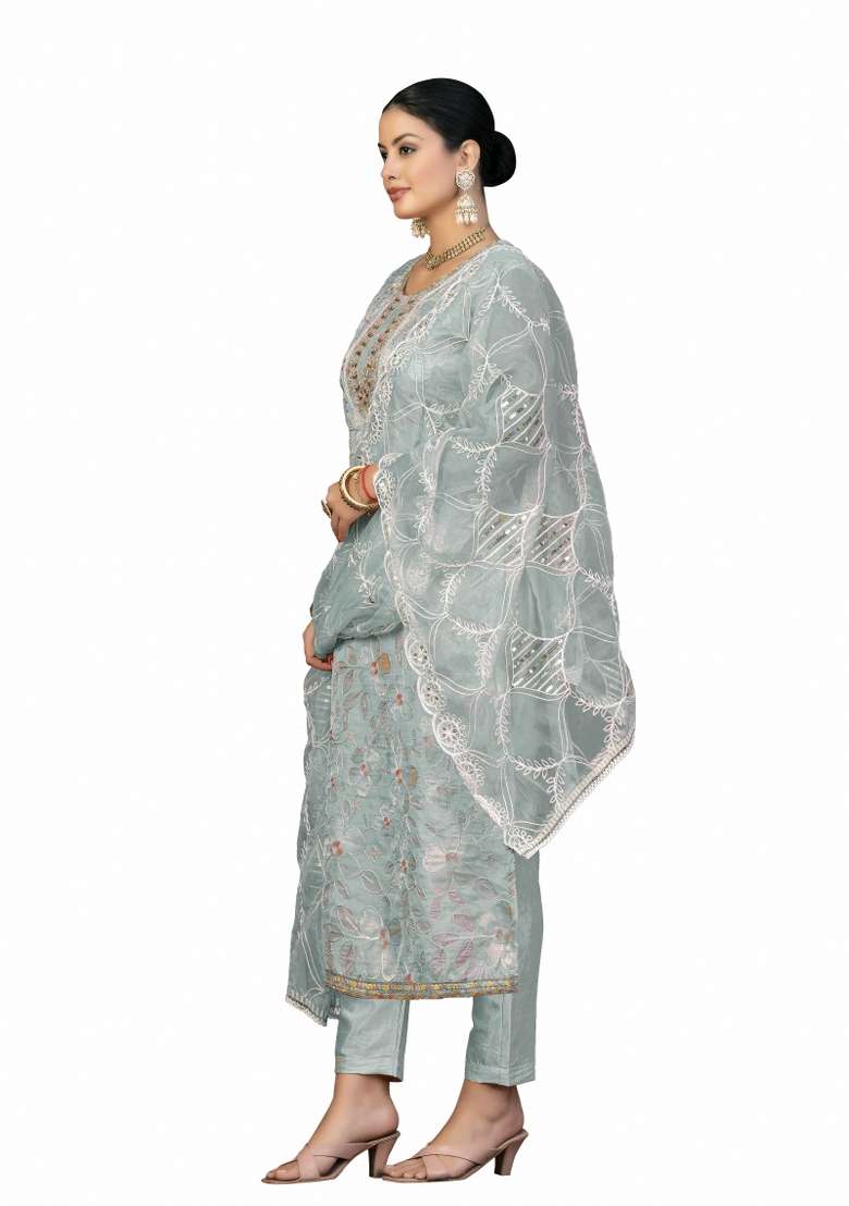 Sea Green Embroidered Organza Straight Kurta Set - Indya