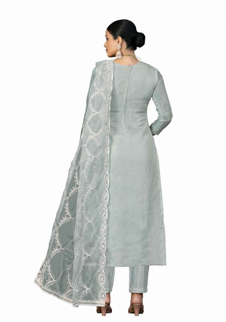 Sea Green Embroidered Organza Straight Kurta Set - Indya