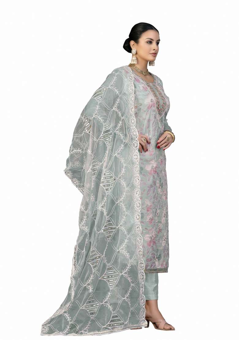 Sea Green Embroidered Organza Straight Kurta Set - Indya