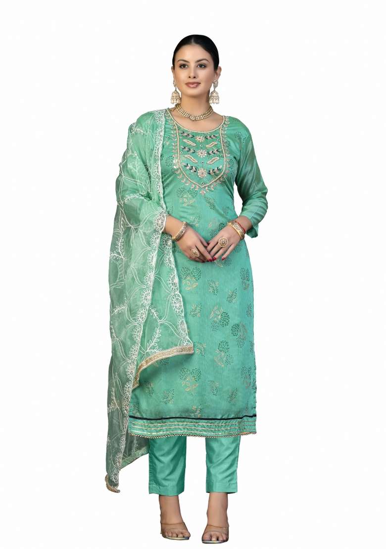 Sea Green Printed Cotton Pakistani Suit Set - Indya