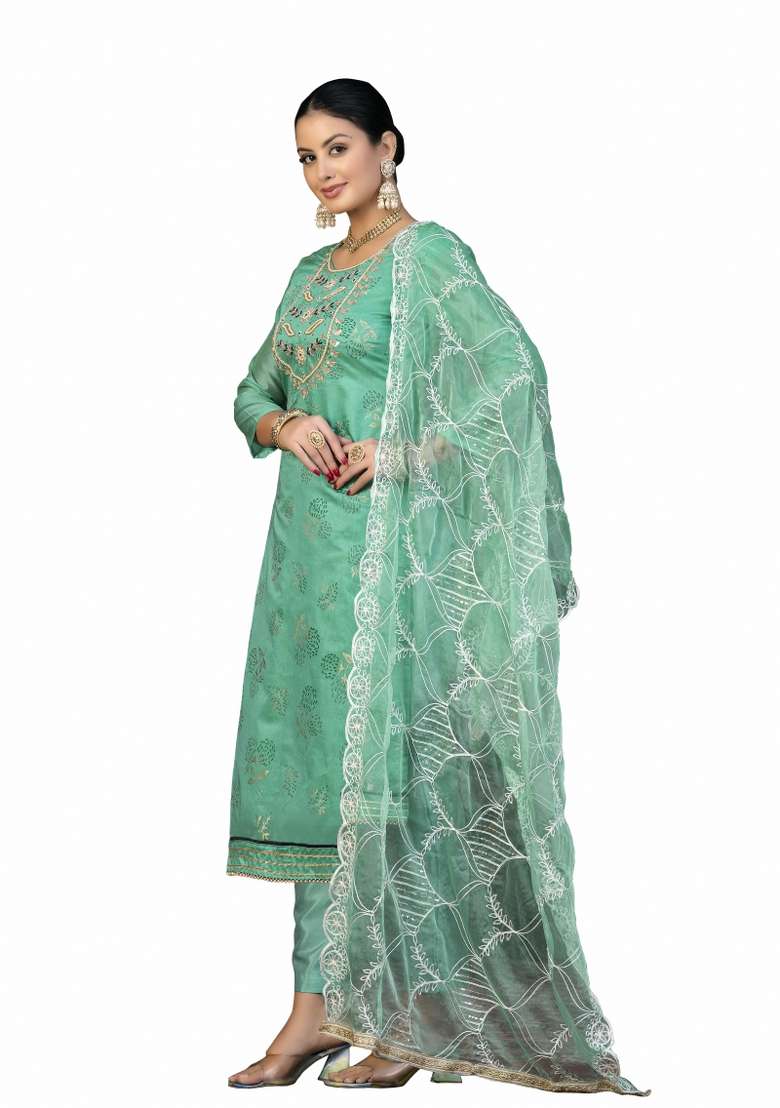 Sea Green Printed Cotton Pakistani Suit Set - Indya