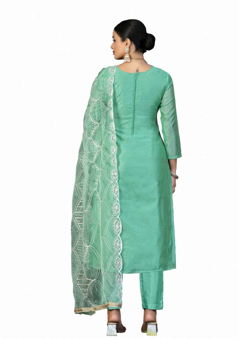 Sea Green Printed Cotton Pakistani Suit Set - Indya