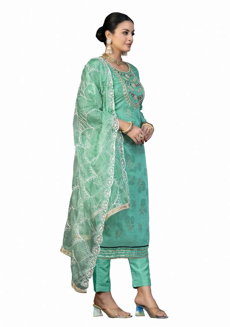 Sea Green Printed Cotton Pakistani Suit Set - Indya