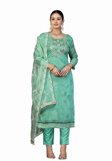 Sea Green Printed Cotton Pakistani Suit Set — view on Indya