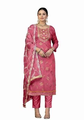 Pink Embroidered Cotton Blend Dress Material