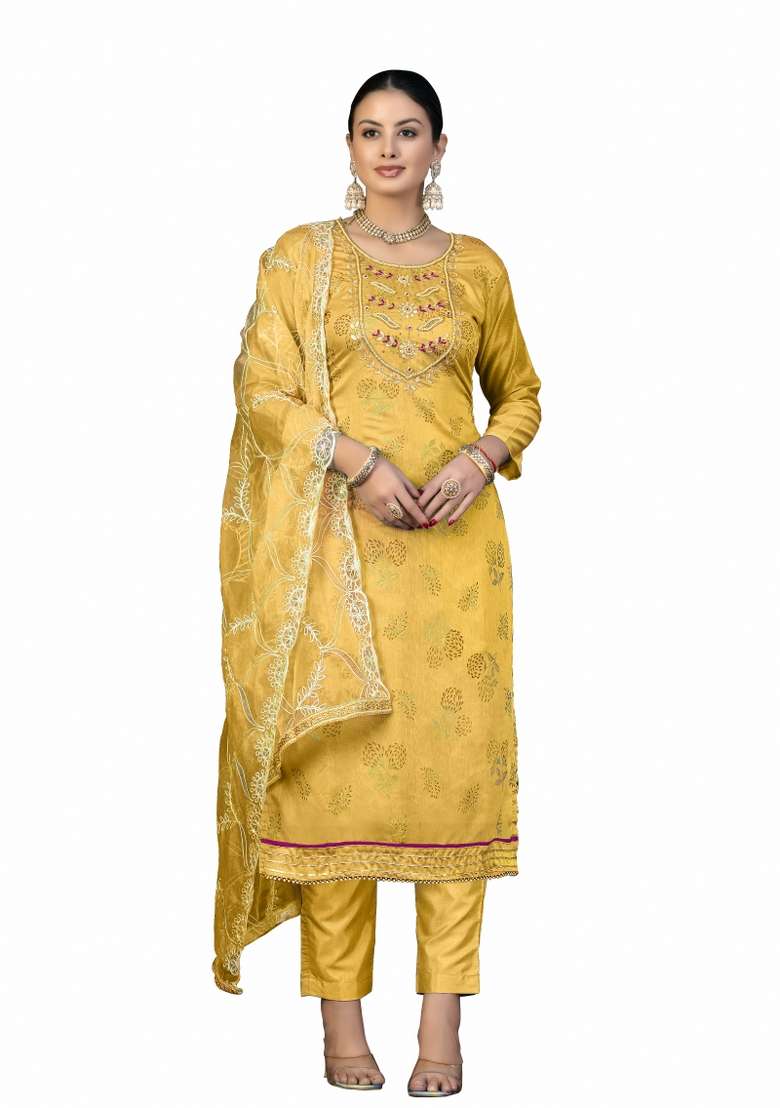 Mustard Embroidered Blended Pakistani Suit Set - Indya