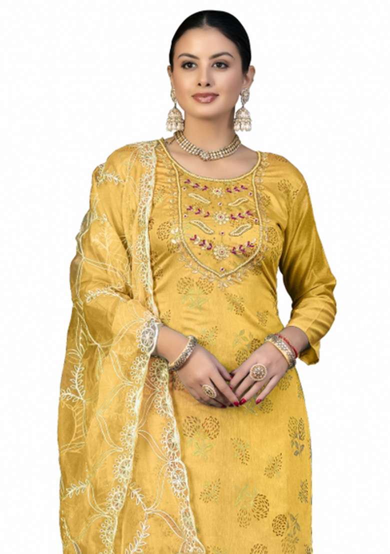 Mustard Embroidered Blended Pakistani Suit Set - Indya