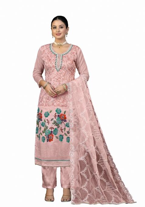 Peach Embroidered Cotton Blend Dress Material