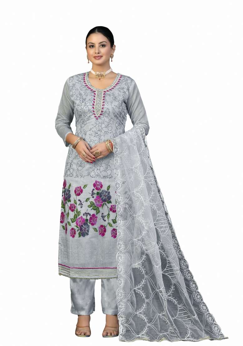 Grey Embroidered Blended Straight Kurta Set - Indya