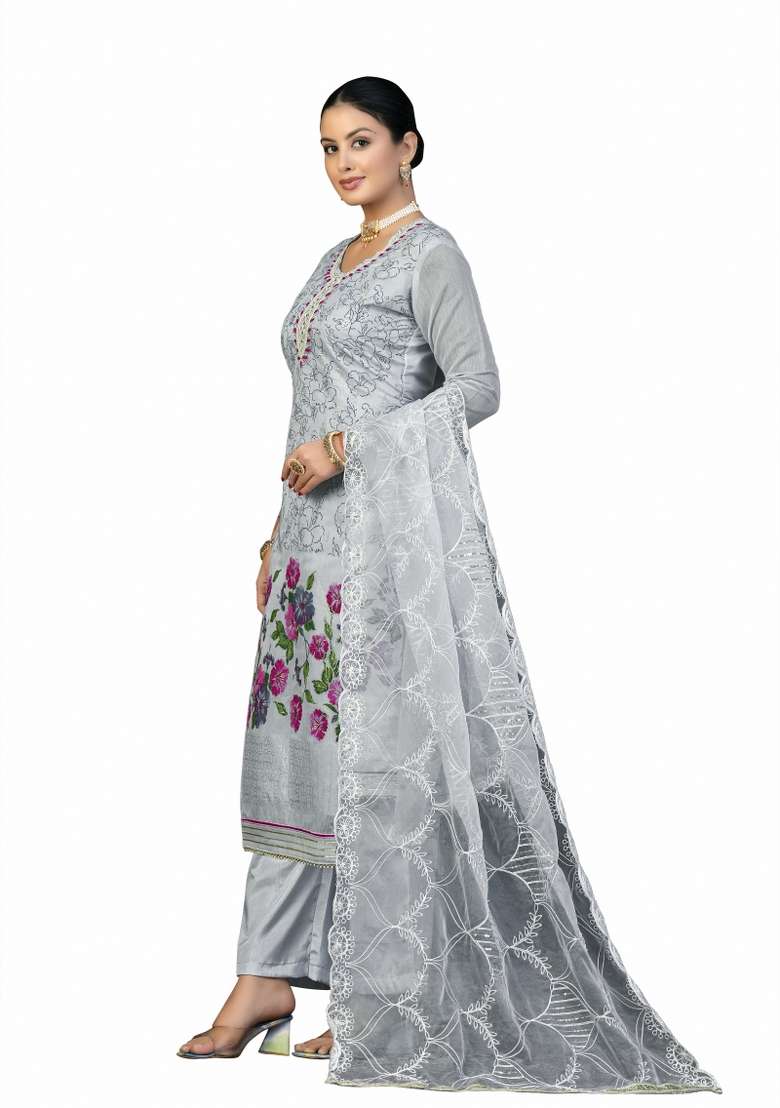 Grey Embroidered Blended Straight Kurta Set - Indya