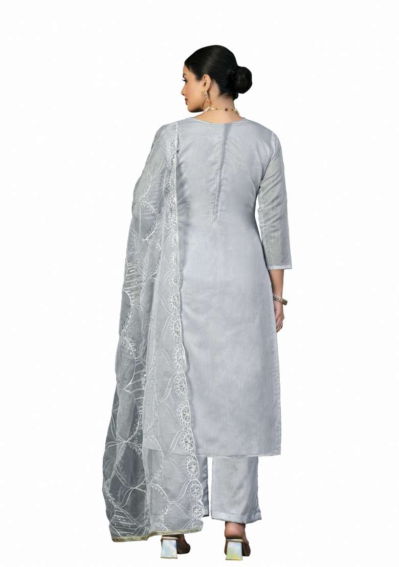Grey Embroidered Blended Straight Kurta Set - Indya