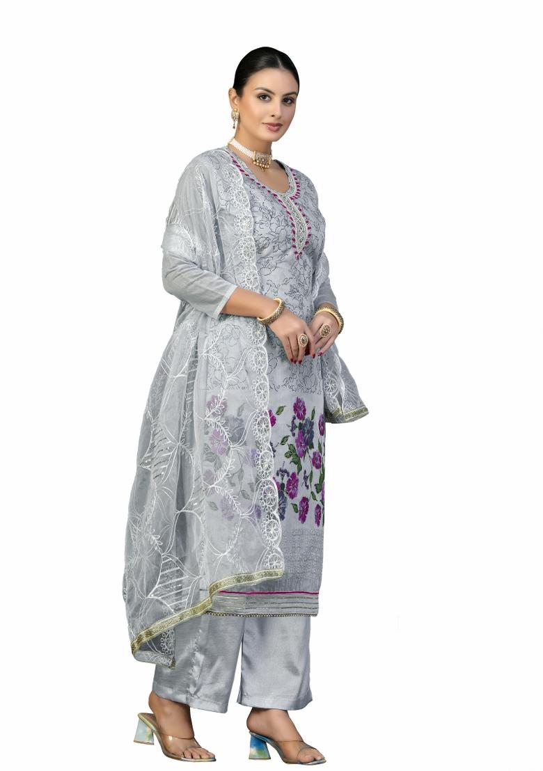 Grey Embroidered Cotton Blend Dress Material - Indya