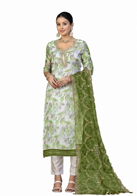 Multicolor Embroidered Oragnza Dress Material