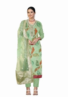 Green Printed Organza Straight Kurta Set