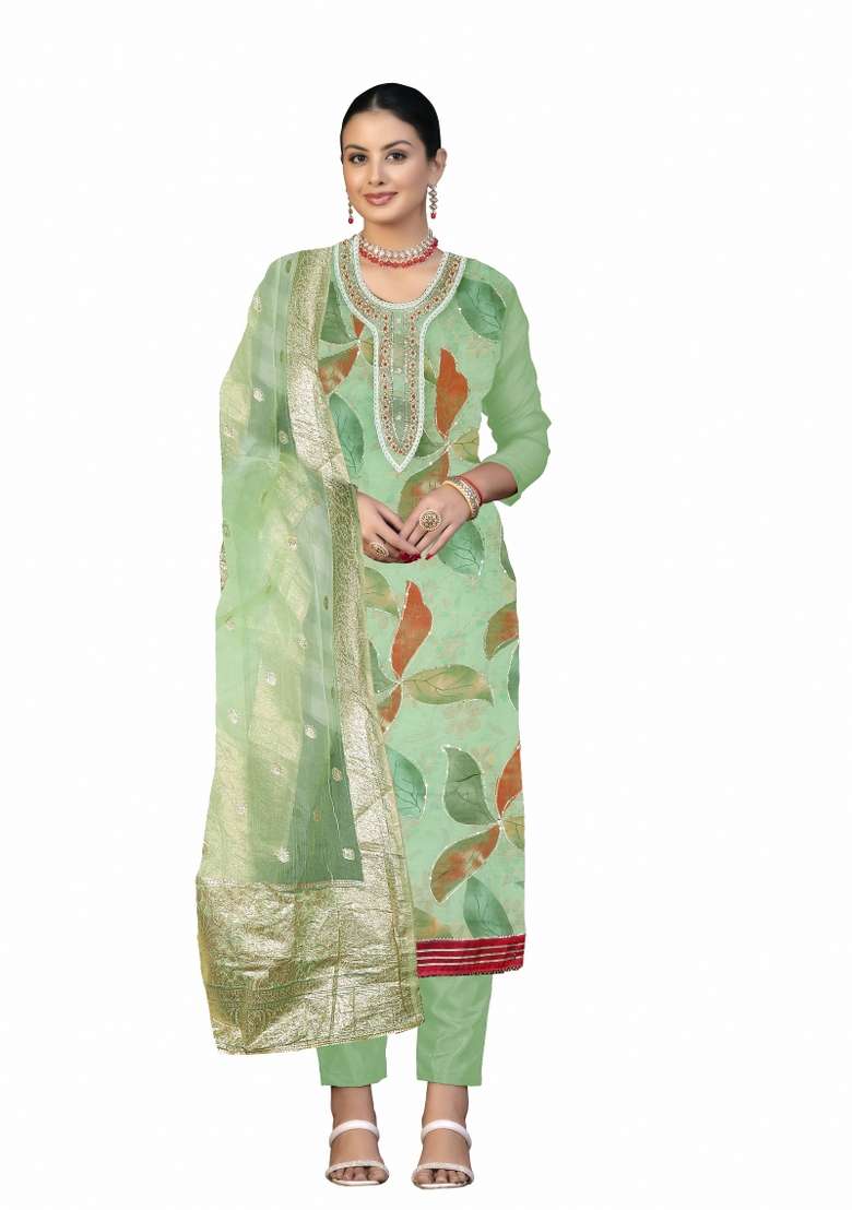 Green Printed Organza Straight Kurta Set - Indya