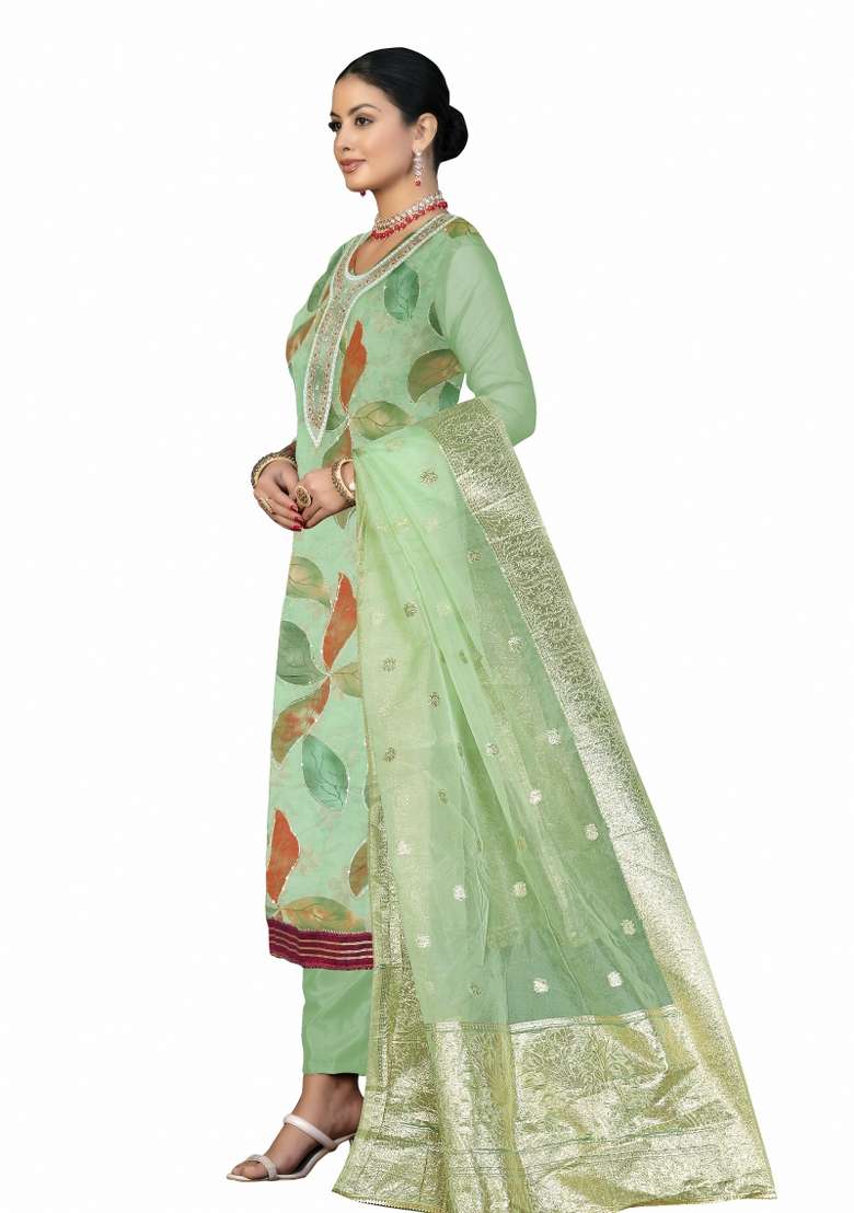 Green Printed Organza Straight Kurta Set - Indya