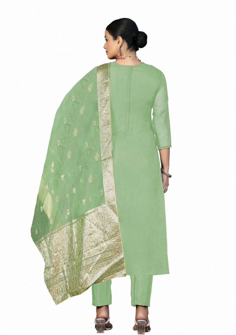 Green Printed Organza Straight Kurta Set - Indya