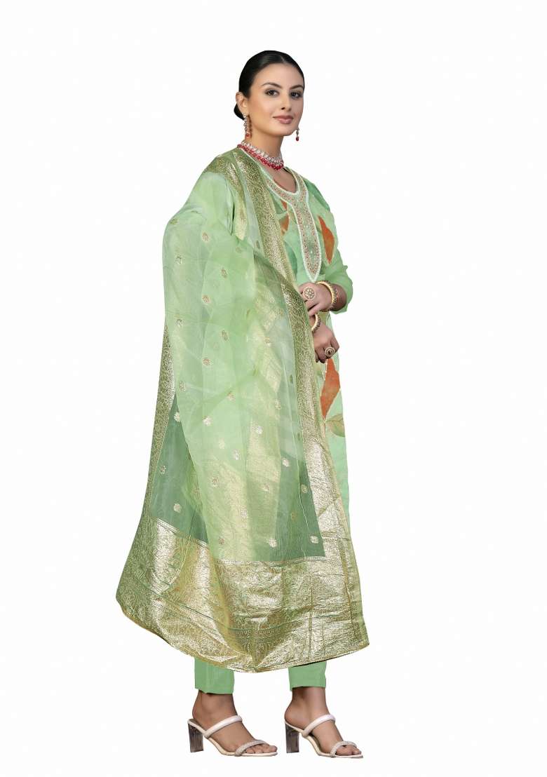 Green Printed Organza Straight Kurta Set - Indya