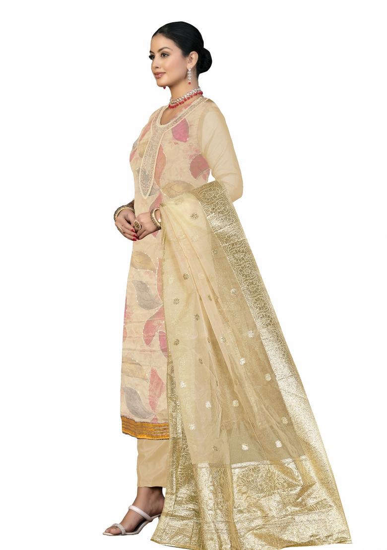 Beige Embroidered Oragnza Dress Material - Indya