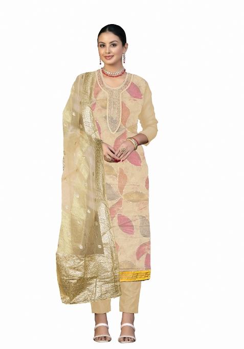 Beige Embroidered Oragnza Dress Material