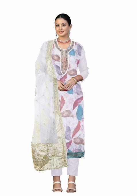 Off White Embroidered Oragnza Dress Material