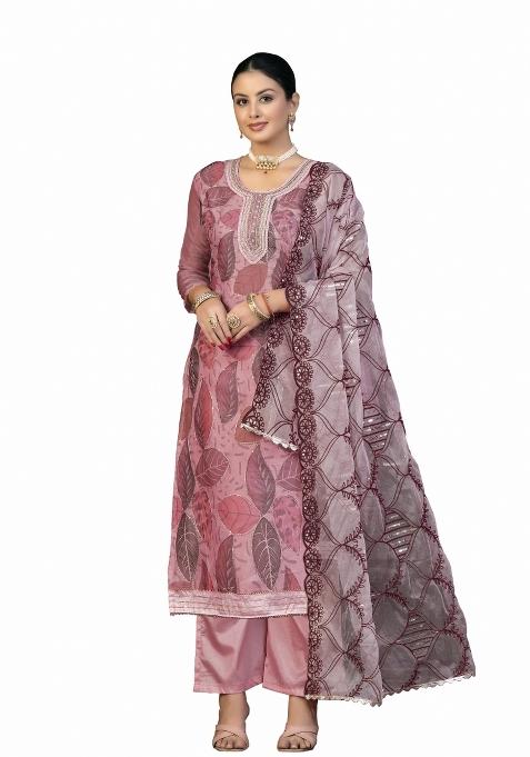 Pink Printed Organza Straight Kurta Set