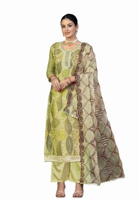 Green Printed Organza Straight Kurta Set