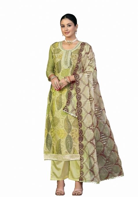 Green Printed Organza Straight Kurta Set