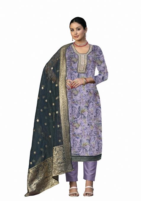 Multicolor Embroidered Oragnza Dress Material