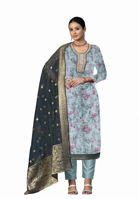 Multicolor Embroidered Oragnza Dress Material