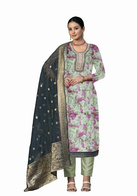 Multicolor Embroidered Oragnza Dress Material