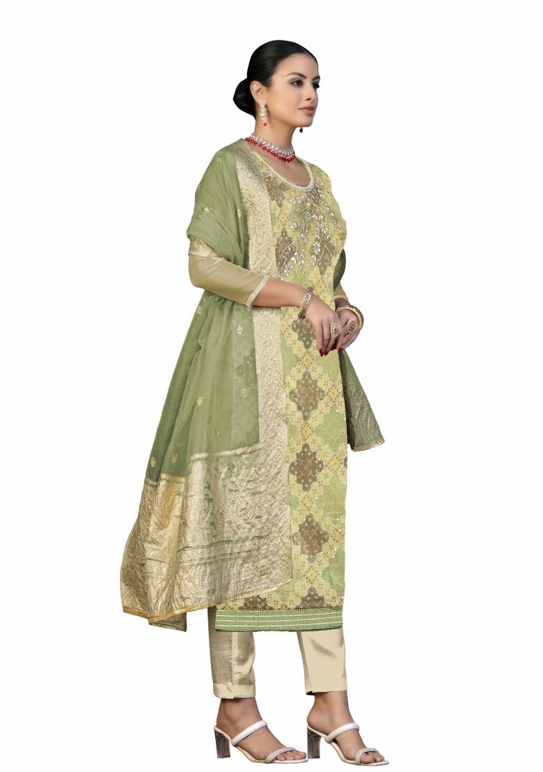 Multicolor Embroidered Oragnza Dress Material - Indya