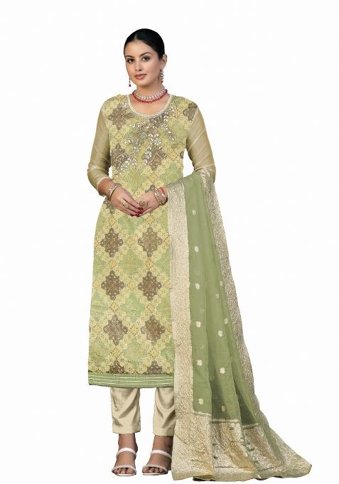 Multicolor Embroidered Oragnza Dress Material