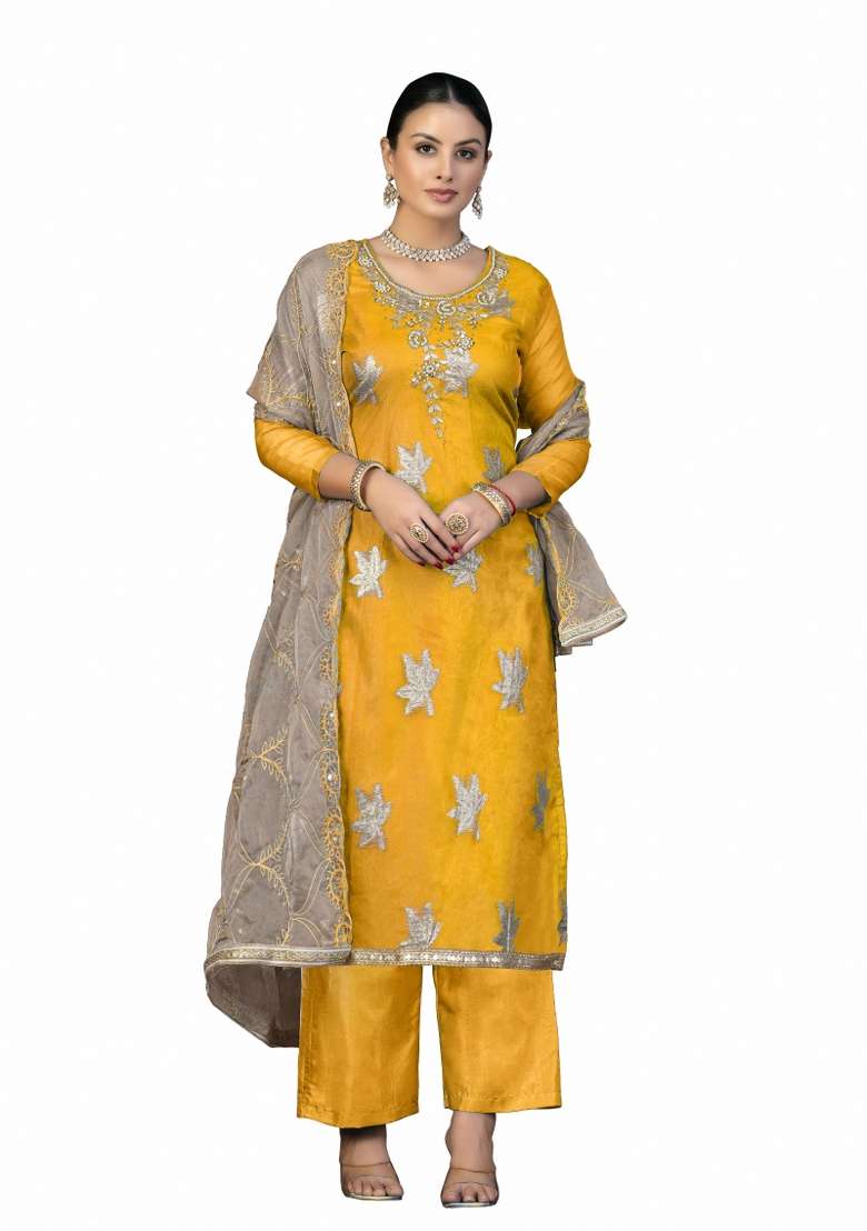 Orange Embroidered Oragnza Dress Material - Indya