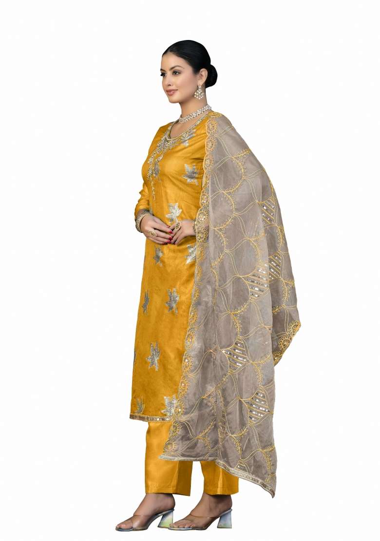 Orange Embroidered Oragnza Dress Material - Indya