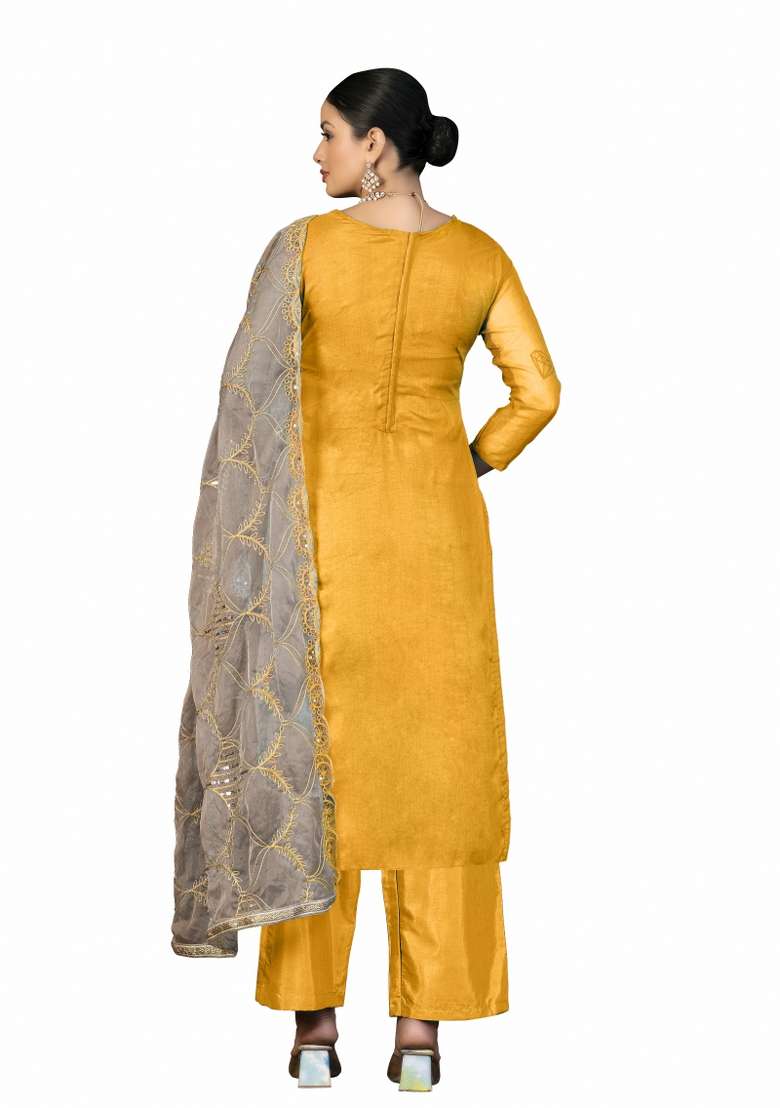 Orange Embroidered Oragnza Dress Material - Indya