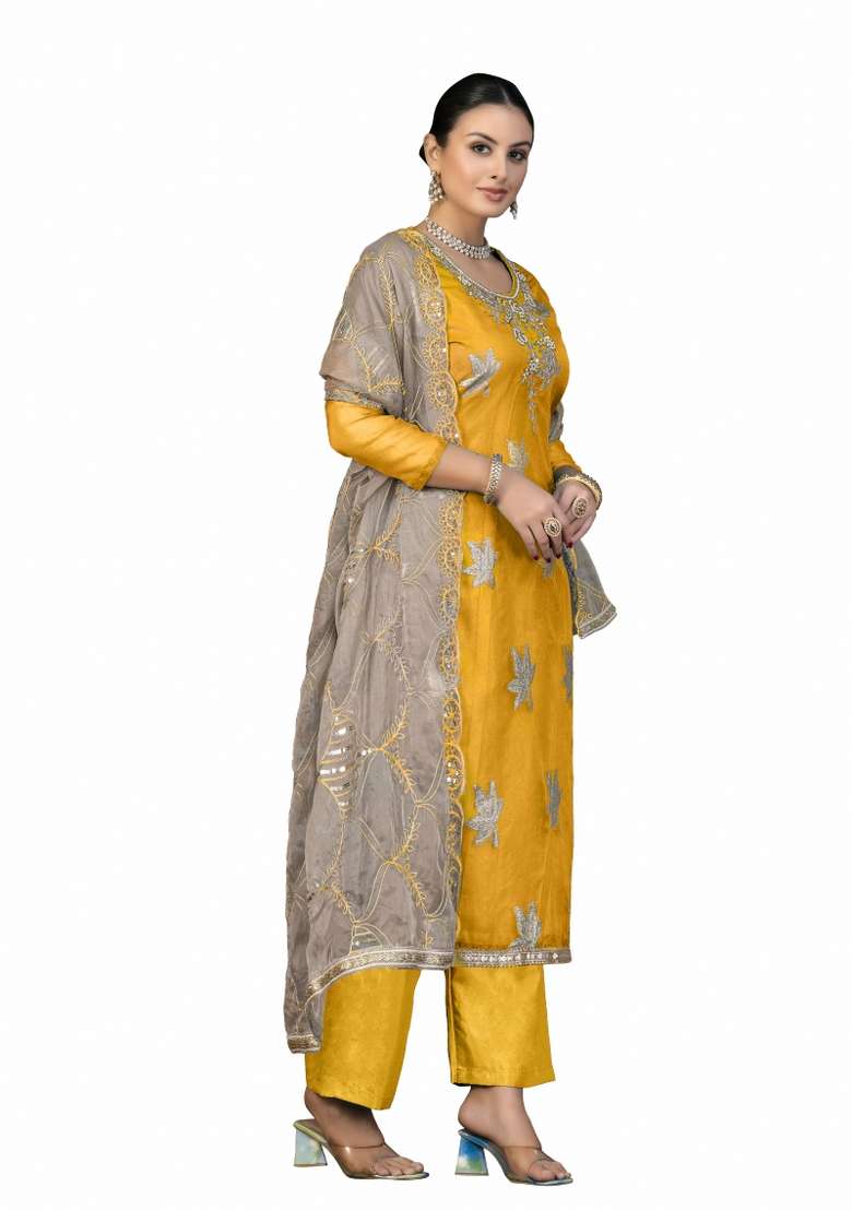 Orange Embroidered Oragnza Dress Material - Indya