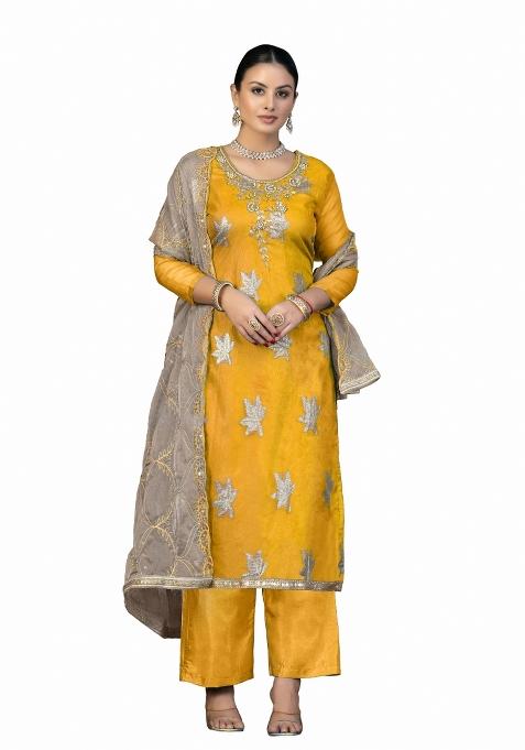 Orange Embroidered Oragnza Dress Material