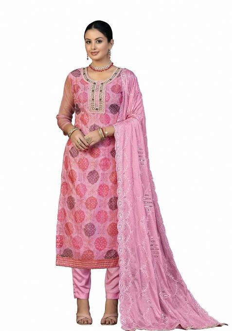 Pink Printed Organza Pakistani Suit Set