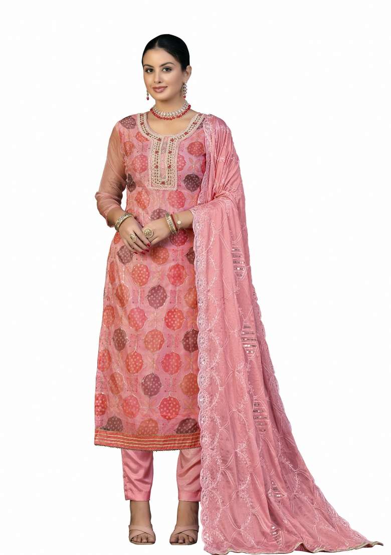 Peach Printed Organza Straight Kurta Set - Indya