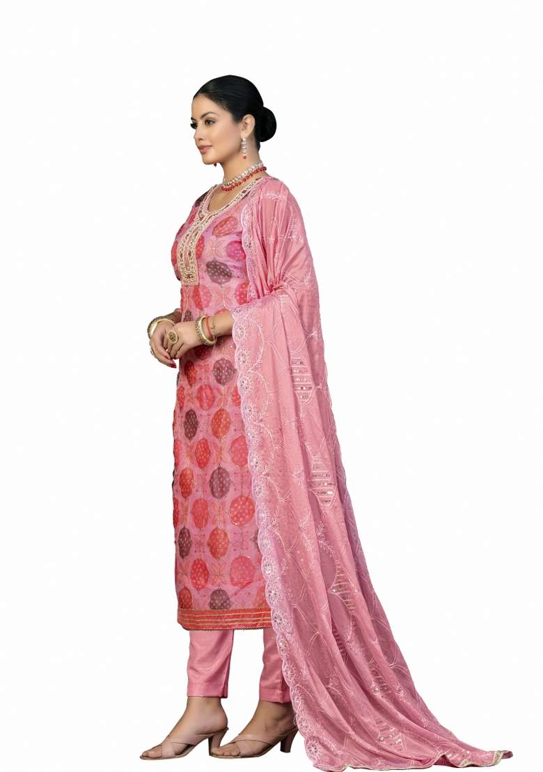 Peach Printed Organza Straight Kurta Set - Indya